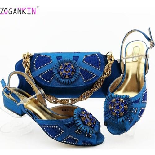 New Fashion Crystal Comfortable Heels Sandals And Bag Set African Style Woman Shoes And Matching Purse Set For Party