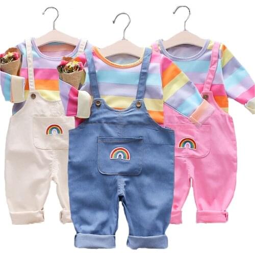 3 Color Autumn Baby Girls Clothing Set Toddler Rainbow Shirt + Overalls 2Pcs Suit For Kids Cartoon Cat Bib Short Children Presen