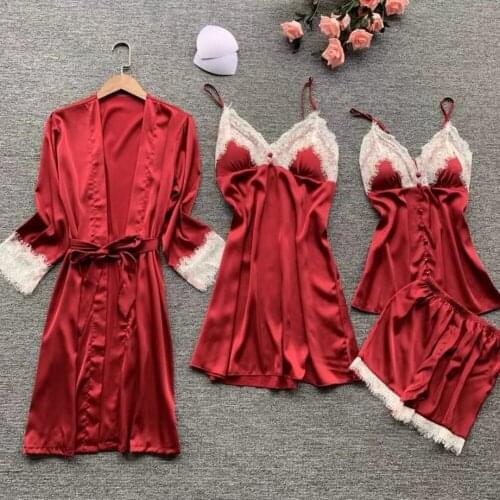 MECHCITIZ 4 Piece Sexy Women Pajamas Set 2019 Silk Bathrobe Lace Satin Shorts Summer Robe Sleepwear Pijama Femme Pyjama Robes