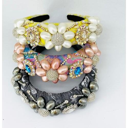 Luxury Handmade Baroque Headbands Full Colorful Crystals Lined Women Pearl Flower Hair Bands Wedding Hair Accessories