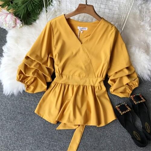 Fashion Sexy V Neck Spring Autumn 3/4 Sleeve Blouse Women Bandage Shirt chemisier femme Casual Tie Elegant Top camisas de mujer