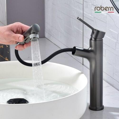 Gun Gray all copper pull-out faucet cold and hot washbasin table top basin faucet shampoo spray water