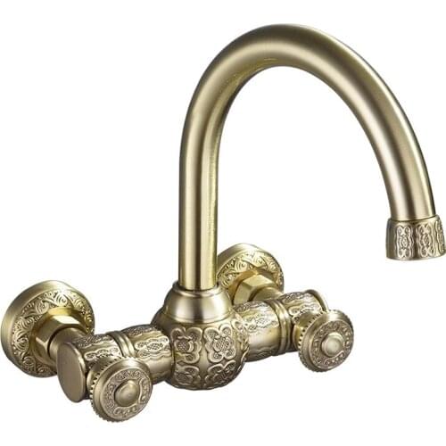 Bathroom Basin Faucets Wall Mounted Dual Handle In-Wall Hot & Cold Sink Mixer Tap Antique Brass Carved Rotating Basin Faucet