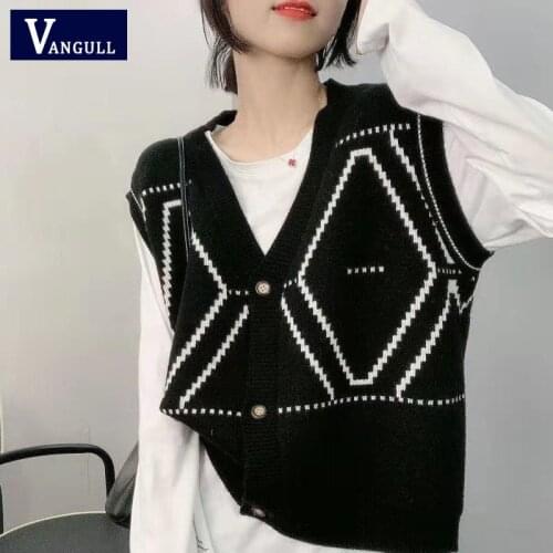 Vangull Diamond Pattern Printing Women Vest Single Breasted Sleveless Simple Sweater Vest V-Neck Female Vintage Cardigan Vest
