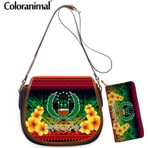 Coloranimal 2021 New Style 2Set Grils Crossbody Bag Gradient Pohnpei Polynesian Hibiscus Printed Women Shoulder Bag PU Leather