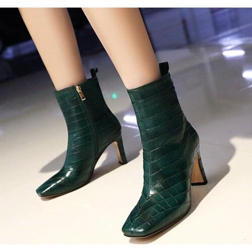 2020 New Ankle Boots Autumn Winter Fashion Women Boots Square Toe High Heel Boots Woman Shoes