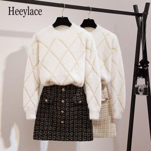 2020 autumn winter korean two piece set women elegant plaid cashmere knitted sweater and high waist tweed skirt set ladies cloth