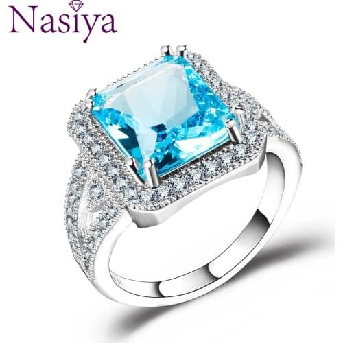 Blue Rings for Women 925 Silver Jewelry Ring With High Quality White Cubic Zirconia Rectangle Fashion Wedding Anniversary Gift