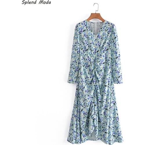 Splend Moda Autumn New Fashion Vintage Cottagecore V-Neck Floral Print Folds Irregular Ankle-Length Dress Zipper Women Vest