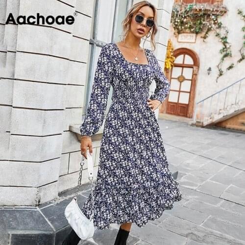 Aachaoe Elegant A Line Party Dress Women Floral Print Square Collar Vintage Dress Female Long Sleeve Chic Midi Dresses 2021