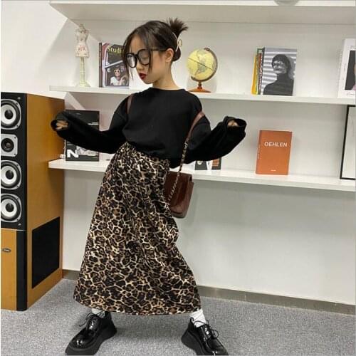 2021 new wholesale girls 2 pcs set sweatshirt+leopard skirt fashion cotton spring girls suit 6-12t A288