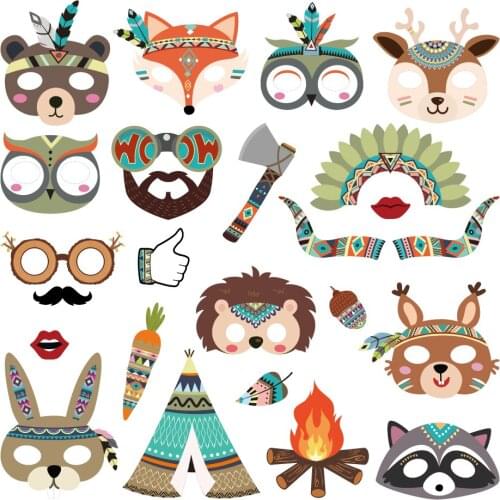 25pcs Baby Shower Wild Animals Party Decorations DIY Cartoon Indian Animals Photobooth Props Kids Happy Birthday Party Favors