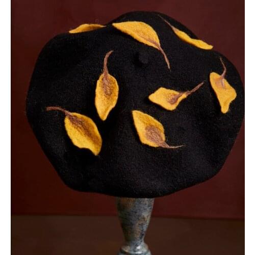 Cosplay Beret Hat Winter Handmade Wool Felt Hats Creative Gift Fashion Wear Black Artist Hat Halloween Ginkgo Leaf Decor