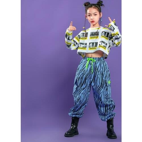 Kid Hip Hop Clothing Print Crop Top Long Sleeve Shirt Zebra Streetwear Tactical Cargo Pants for Girls Jazz Dance Costume Clothes