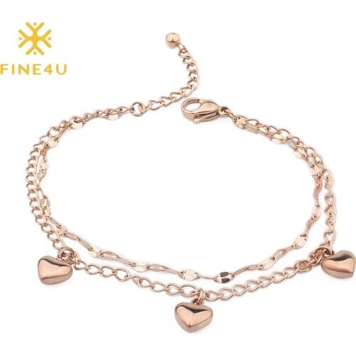 FINE4U B293 Double Layered Stainless Steel Link Chain Bracelet Rose Gold Color Cute Heart Charm Bracelet For Women Girls