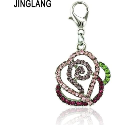 JINGLANG Fashion Silver Color Lobster Clasp Charms Multicolor Rhinestone Flower DIY Charms For Jewelry Making Accessories