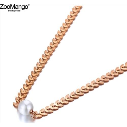 ZooMango Goth Stainless Steel White Pearl Choker Necklaces For Women Girls Bohemia Party Leaflet Charm Pendant Necklace ZN20098