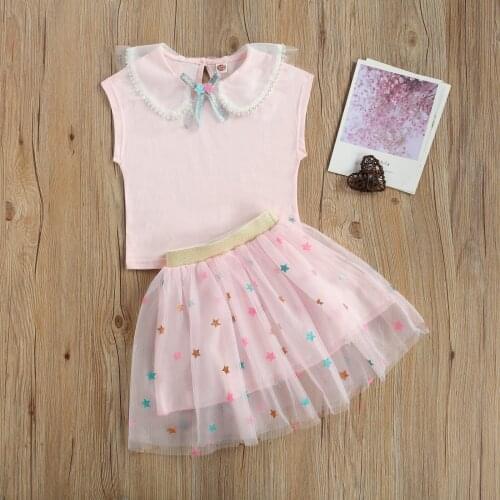 3-7Years Toddler Baby Star Printing Two-pieces Set Infant Girls' Round Collar Sleeveless T-shirt + Elastic Short Skirt Set