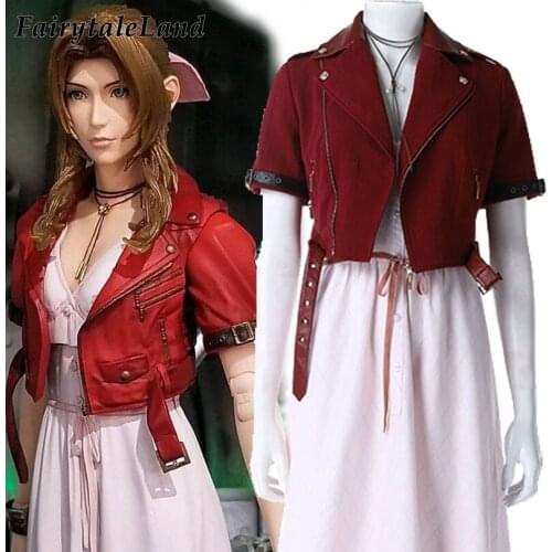 Aerith Gainsborough Costume Cosplay Final Fantasy Remake Halloween Outfit Game FF7 Fancy Women Jacket Pink Dress