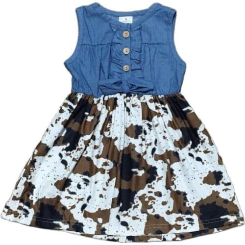 Summer Baby Girls Clothes Kids Milk Cow Print Denim Sleeveless Dress