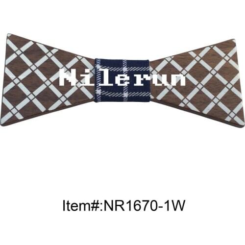 Fashion England style blue white plaid pattern black walnut wood bow tie suitable for wedding, business and all kinds of parties