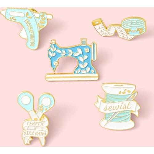Fashion Personality Handmade Badge Creative Cartoon Scissors Ruler Sewing Machine Metal Enamel Brooch Lapel Backpack Jewelry Gif