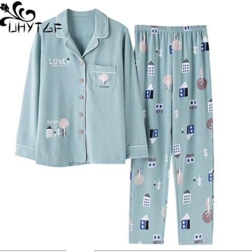 UHYTGF Wholesale Spring Autumn Sleepwear Womens Printing Cotton Pajamas Set Ladies Long Sleeves Lovely Nightwear Homewear 1863