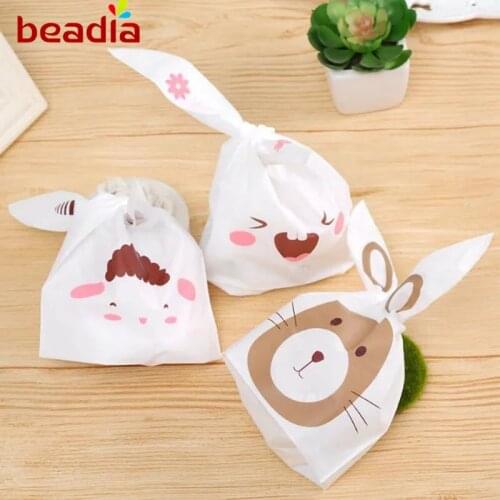 New 50pcs 13.8x22cm Lovely Long Ears Package Bags Plastic Candy Biscuit Snack Bags Rabbit Sheep Bear Pattern Party Supplies