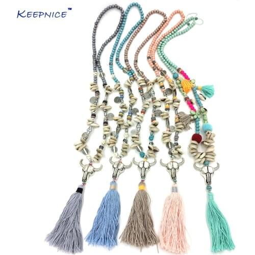 2017 New Boho Tibet antique Silver Tauren pendant necklace Pink Cotton Tassel beaded chain Necklace tassel charm taurus necklace