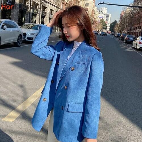 Blue Long Blazer Coat Women Spring Autumn Oversized Loose Casual Jacket Korean Style Double Breasted Office Lady Work Wear