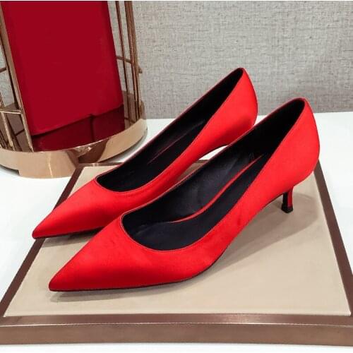 Ladies Pumps Silk Female Thin High Heel Working Party Women Pumps Pointed Toe Fashion Sexy Woman Red Black Green Blue Shoes A005