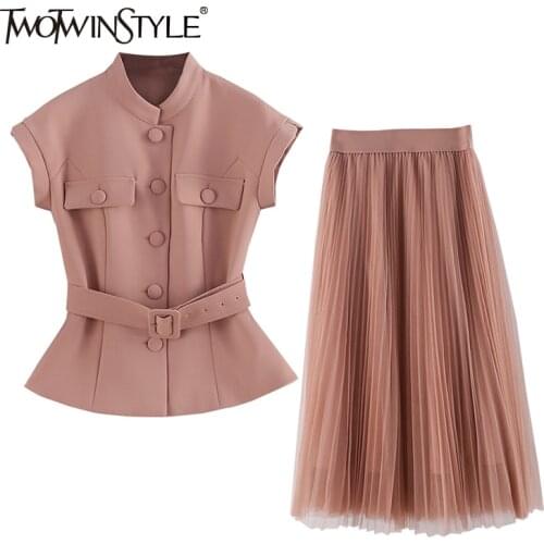 TWOTWINSTYLE Elegant Pink Two Piece Set For Women Stand Collar Sleeveless Tops High Waist Pleated Mesh Skirt Female Sets 2021