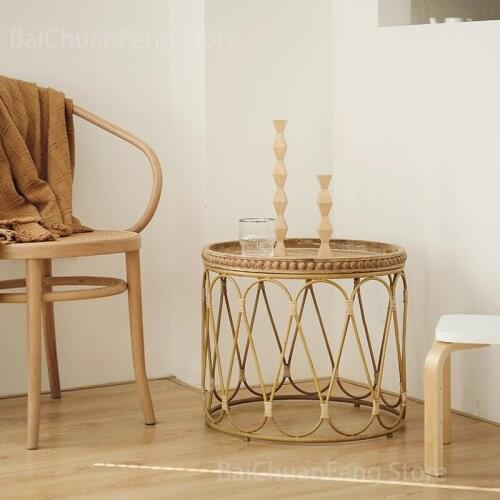 Vintage European Indoor Rattan Round Coffee Tables Living Room Furniture Simple Sofa Side Table Round Coffee Table Corner Table