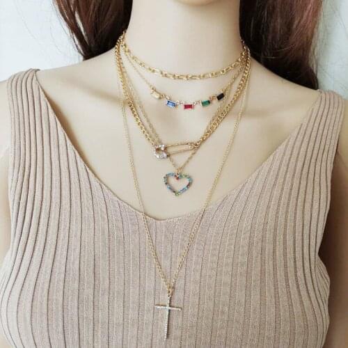 Fashion love necklace female Japan and South Korea multi-layer cross pendant clavicle chain 2021 temperament sweet accessories