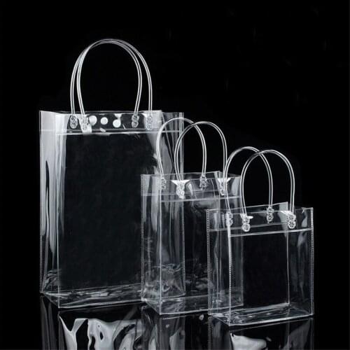 100pcs/lot 10 Size Transparent soft PVC gift tote packaging bags with hand loop, clear Plastic handbag, cosmetic bag