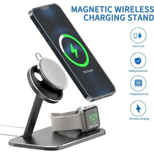 2 in 1 MagSafe Phone Charger Holder Magnetic Desktop 15W Wireless Charger Stand for iPhone iWatch Aluminum Fast Charger Support