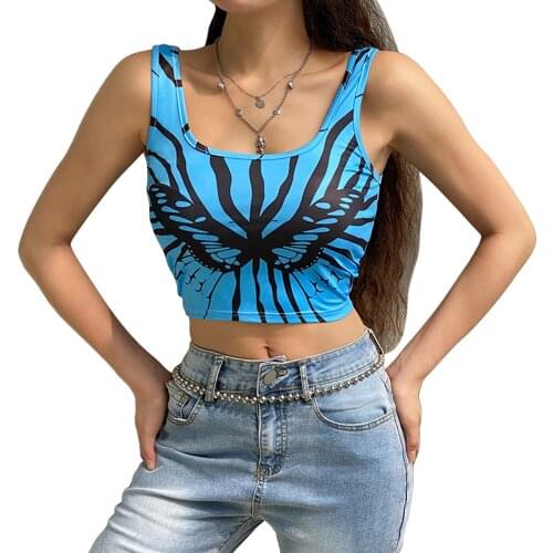 2021 New Women Fashion Butterfly Print Tank Top Stylish Sleeveless Crop Top for Ladies Female