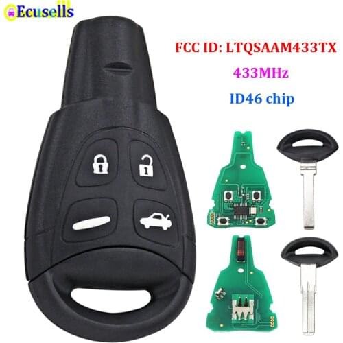 4 Buttons Remote Key Fob 433Mhz ID46 PCF7946AT Chip for SAAB 9-3 9-5 2003-2010 FCC:LTQSAAM433TX with Emergency Key Blade