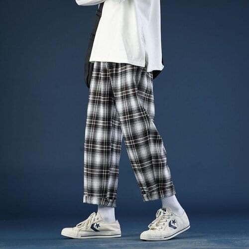 Spring Summer Thin Plaid Pants Mens Fashion Retro Casual Pants Men Streetwear Wild Loose Drawstring Straight Trousers Mens