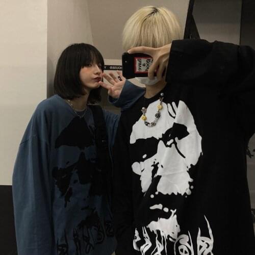 Maxxo High Street Harajuku Art Portrait Aesthetic Long-Sleeved T-Shirt Women Couples Goth Oversized Hip-Hop Emo Kpop Urban Tops