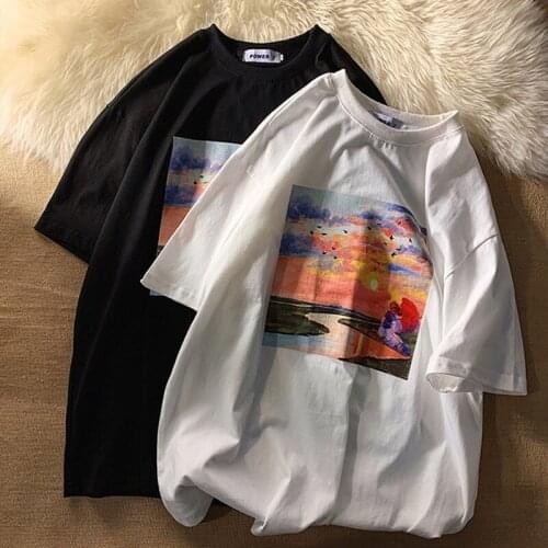 Womens Oversized T-shirts Summer Five-point Sleeve Loose Round Neck T-shirt Graffiti Print Y2k Tops Harajuku Kawaii Blusas Tees