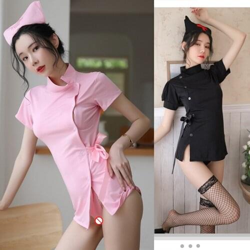 Harajuku Punk Nurse Uniform Ultrashort Dress Sexy Underwear Women Split Skirt Home Sleepwear Cosplay Uniform Showgirl Costumes
