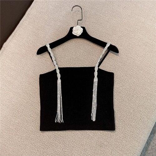 Tassel Rhinestone Chain Short Spaghetti Straps Knitted Top Women 2021 Summer New Sexy Slim Fit Lady Camisole Tanks White Black