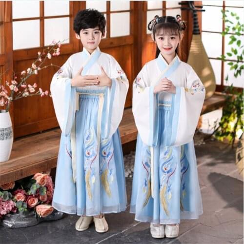Chinese National Folk Dance Boy And Girl Blue Embroidery Costume Traditional Hanfu Oriental Outfit Han Dynasty Cosplay Clothing