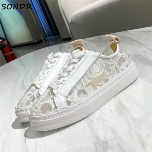 Fashion Women Lace Mesh White Sneakers 2021 Ladies Leather Flat Platform Casual Shoes Thick Bottom Lace Up Woman Vulcanize Shoes