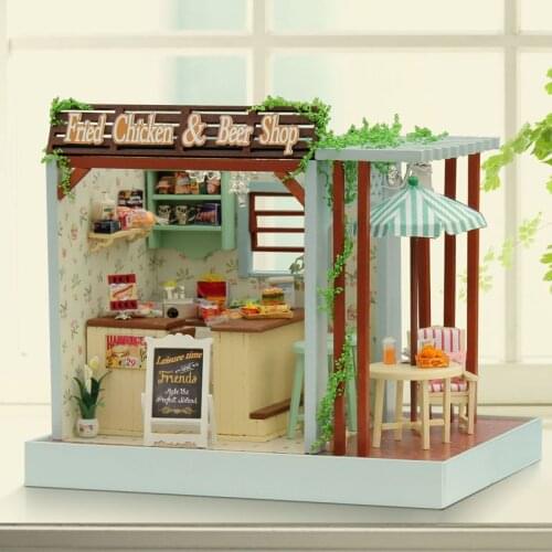 Fried Chicken & Beer Shop Doll House DIY Handmade Wooden Handcraft Dollhouse Mini Miniature Furniture Creative Model Store Kits