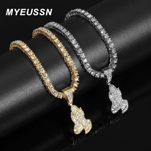 Brand The Praying Hands Pendant Necklace Charm Crystal Alloy Hip Hop Men Chain Jewelry Iced Out Bling Praying Hands Jewelry Gift