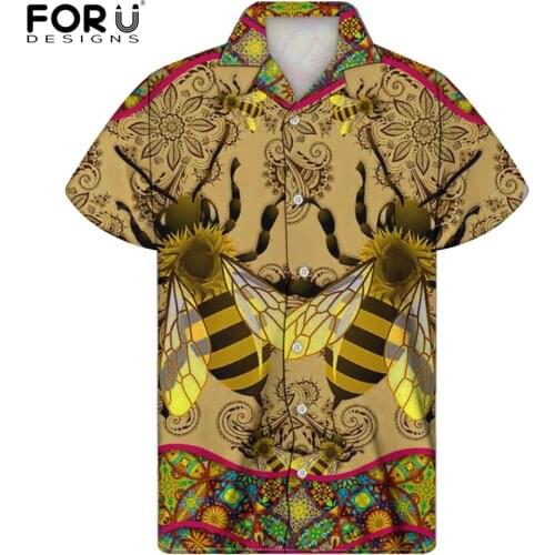 FORUDESIGNS Bee Boho Pattern Mens Summer Short Sleeved Shirts Beach Comfortable Oversize Blouse Homme Chemise Camisa Mujer