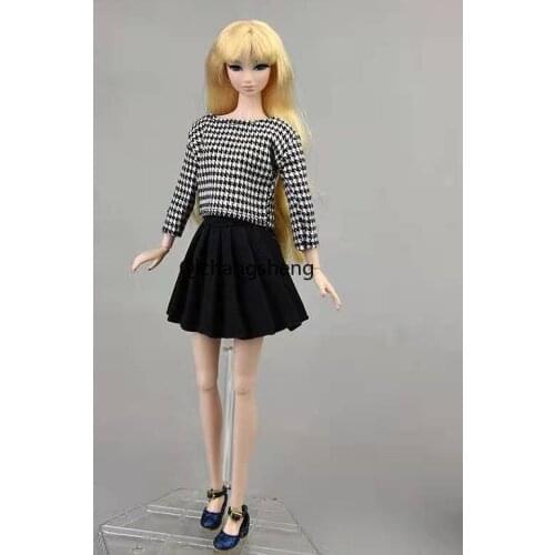 Houndstooth Plaid 11.5" Doll Outfits for Barbie Clothes Shirt Top Pleated Skirt 1/6 BJD Accessories Kids Playhouse Toy Best Gift