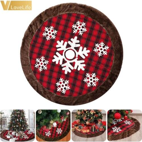 New Fancy Buffalo Plaid Christmas Tree Skirt with Thick Faux Fur Snowflake Christmas Rustic Tree Carpet Plaid Xmas Decorations